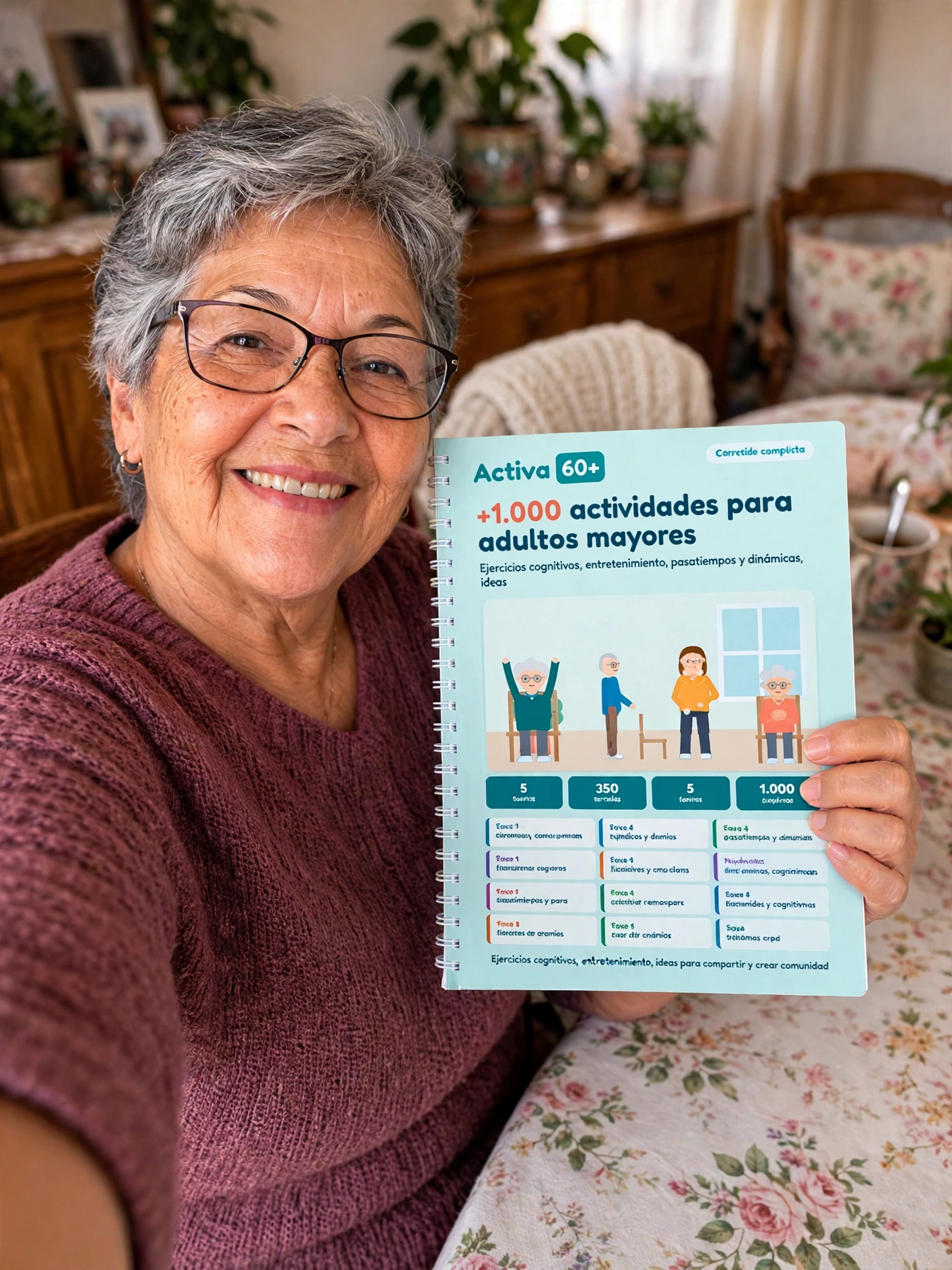 Adulta mayor sosteniendo el Tomo 1 de Activa 60+
