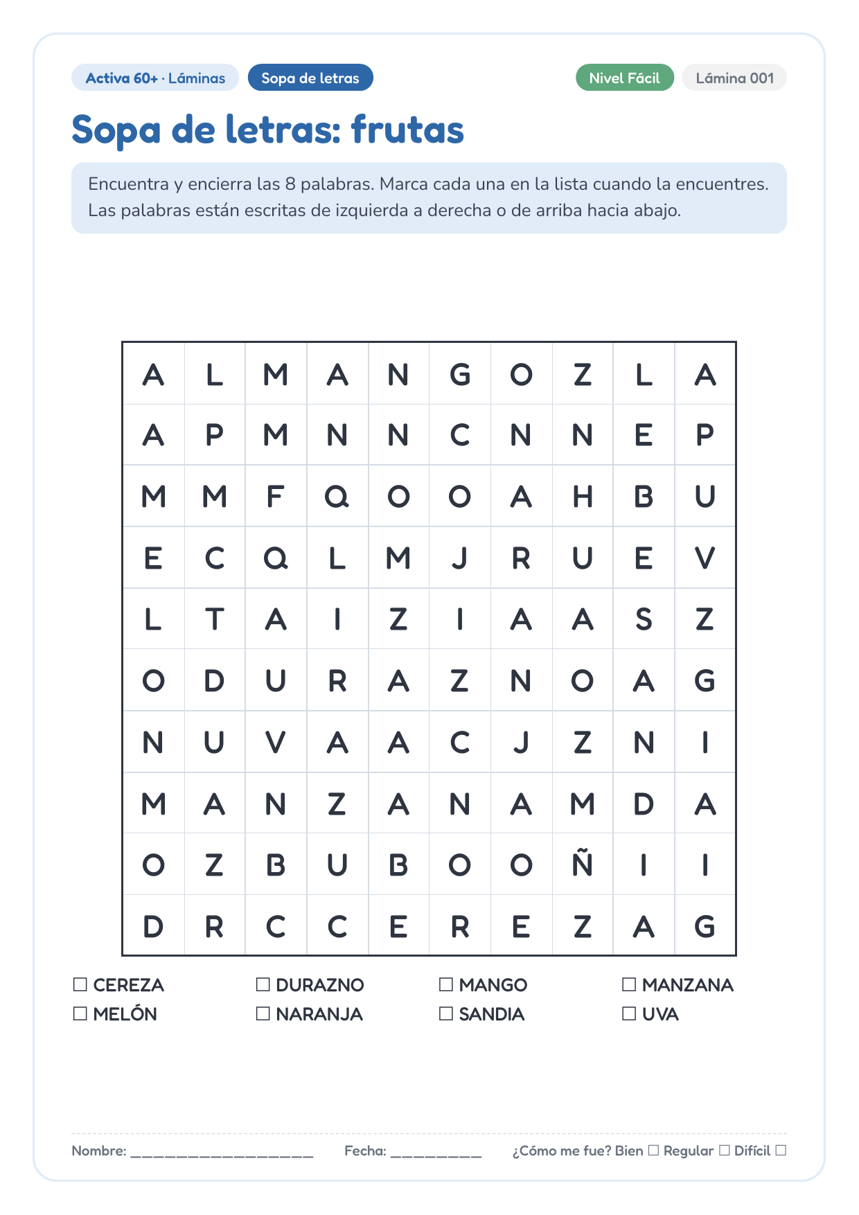 Lámina de sopa de letras